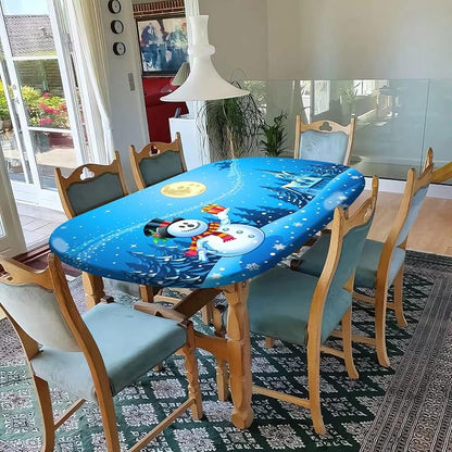 Christmas Oval Fitted Tablecltohs, Snowman with The Gift on Blue Background Elastic Edged Table Cover, Fits to 60" x 84" Tables, Wrinkle Resistant Table Cloth for Indoor Banquet and Outdoor Patio Use