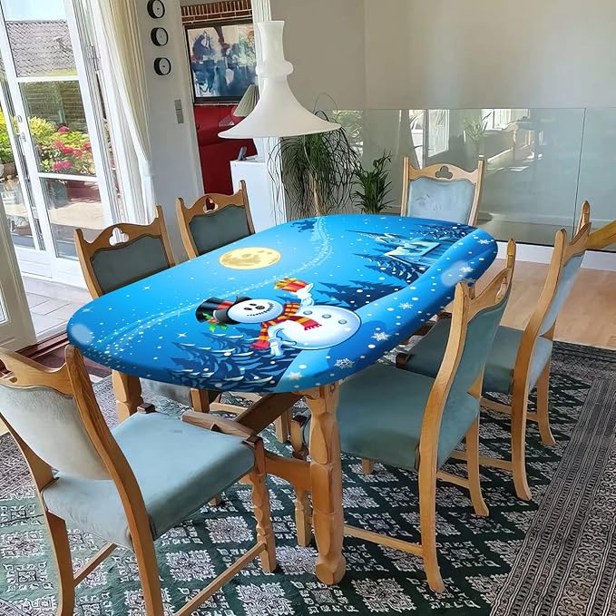 Christmas Oval Fitted Tablecltohs, Snowman with The Gift on Blue Background Elastic Edged Table Cover, Fits to 54" x 76" Tables, Wrinkle Resistant Table Cloth for Indoor Banquet and Outdoor Patio Use