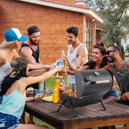 15" Portable Charcoal Grill,Tabletop Outdoor Barbecue Smoker,Heavy Duty Outdoor BBQ Grill,Vertical Camping Barbecue Grill,with Thermometer & Wooden Handle,for Garden Patio Beach Backyard (Black)