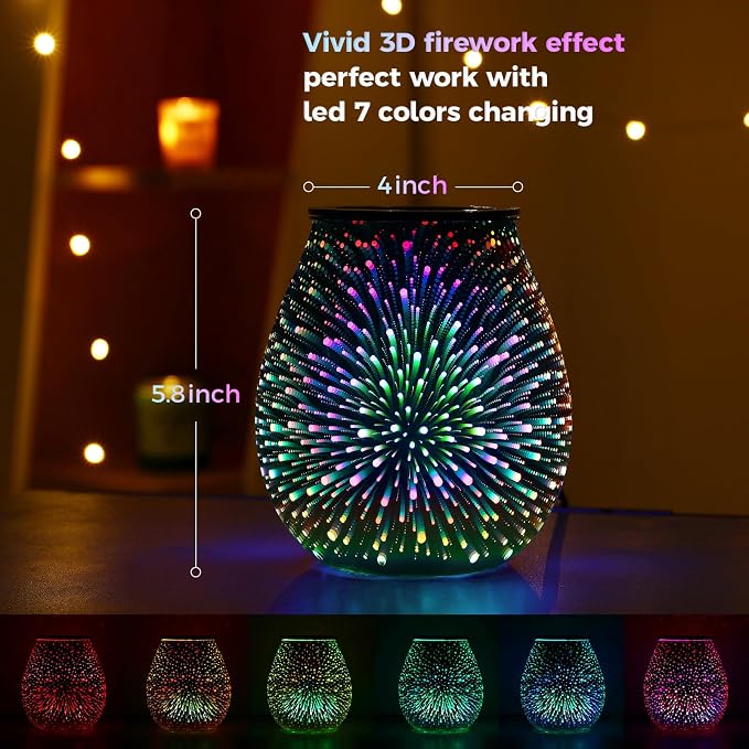 Inrorans Glass Electric Wax Melt Warmer Oil Burner with Stable Heating PTC Reusable Silicone Tray 7 Colorful Changing Led Light Night Light Scent Warmer for Home Fragrance Warmers-Fireworks Timer