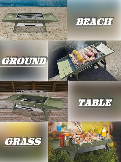 Charmline 14x9inch Small Foldable Portable Charcoal Grill, Charcoal Grills for Camping, Picnics, Gardens and Beach Parties, Green, With 32x20in Fireproof Mat