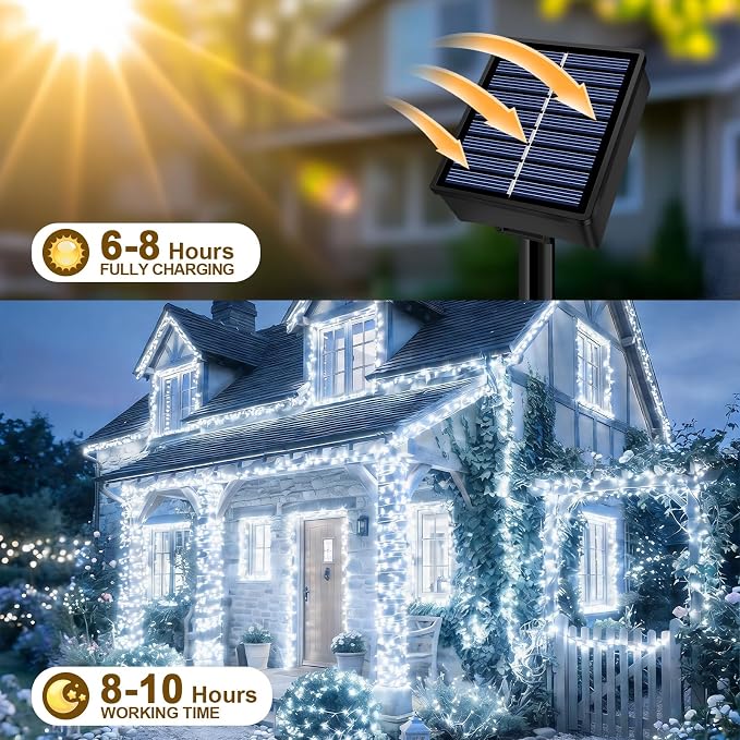 Solar String Lights 2 Pack Total 66FT 200LED Solar Fairy Lights Outdoor Waterproof 8 Lighting Modes Twinkle Lights for Patio, Garden Yard Party Wedding Tree Christmas Halloween Decoration, White
