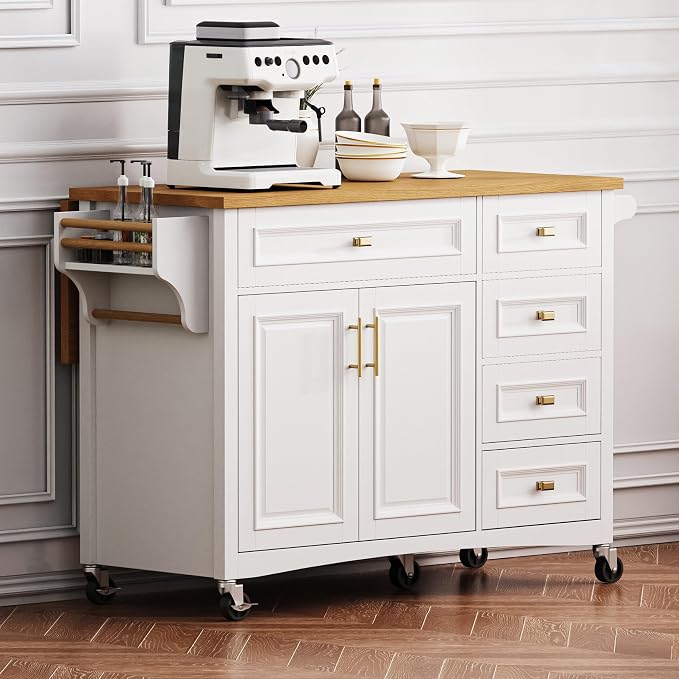 Ball & Cast Kitchen Island with Drop Leaf,Embossed Texture Kitchen Island On Wheels with Spice & Towel Rack,2 Doors and 5 Drawers,Kitchen Storage Cart W/Adjustable Shelf for Kitchen,White,52"