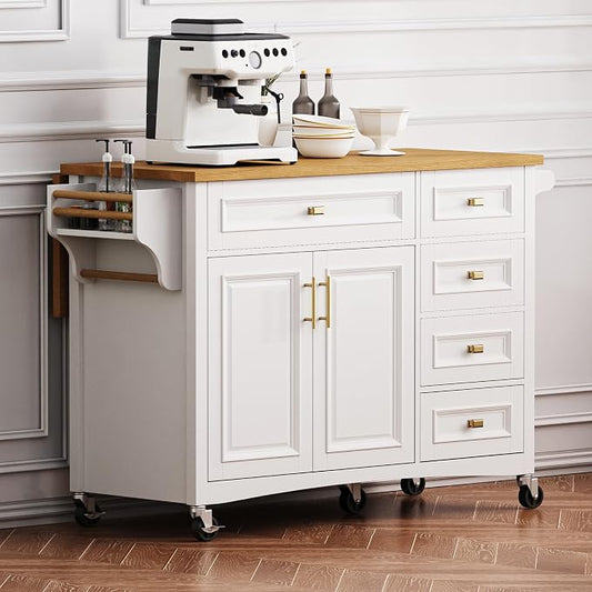 Ball & Cast Kitchen Island with Drop Leaf,Embossed Texture Kitchen Island On Wheels with Spice & Towel Rack,2 Doors and 5 Drawers,Kitchen Storage Cart W/Adjustable Shelf for Kitchen,White,52"