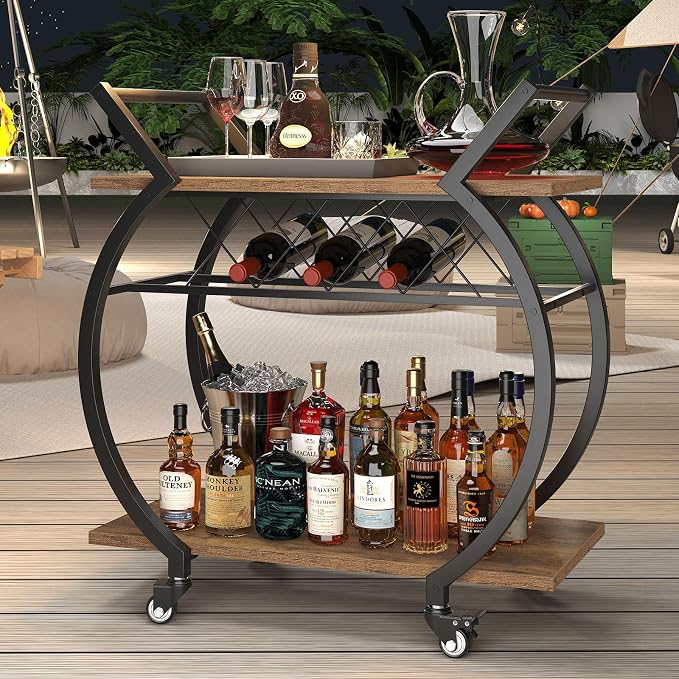 LVB Industrial Bar Cart, Beverage Serving Cart with Wheels, Rustic Brown | Modern Bar Cart with Wine Rack, Wooden Microwave Drink Liquor Cart for Dining Room, Coffee Liquor Drink Cart with Storage