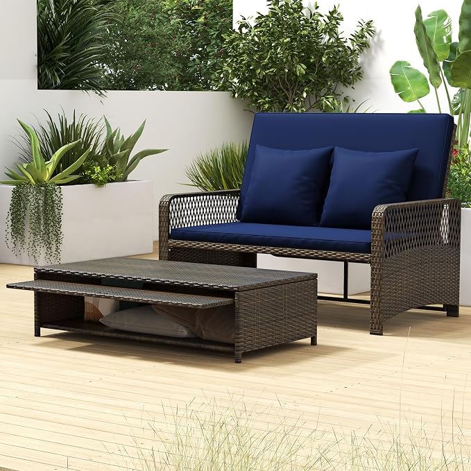 Tangkula Patio Rattan Daybed with 4-Level Adjustable Backrest, 2-Person Outdoor Wicker Loveseat with Storage Ottoman & Soft Cushions, Double Sunbed Lounger for Backyard, Porch, Poolside (Navy)