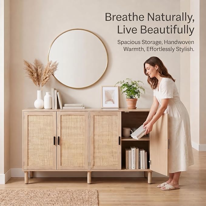 Finnhomy 4 Door Sideboard Buffet Cabinet, Kitchen Storage Cabinet with Rattan Decorated Doors, Cupboard Console Table, Boho Accent Liquor Cabinet for Home Bar, 62.3X 15.7X 34.6 Inches, Natural