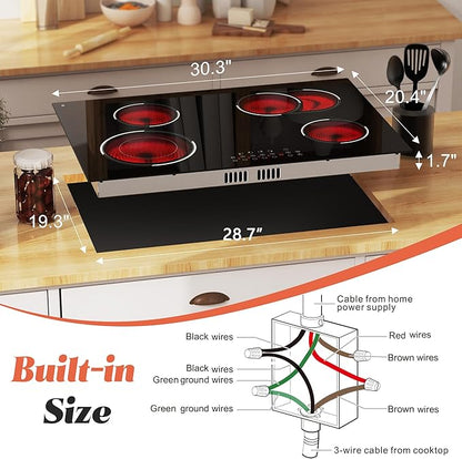 4 Burner Electric Cooktop, Built-in 30 Inch Electric Stove Top 6600W, Ceramic Stove Top with Expanded Zone, Touch Control, Child Lock, Timer, Pause Control, 220V - 240V Hard Wire, No Plug