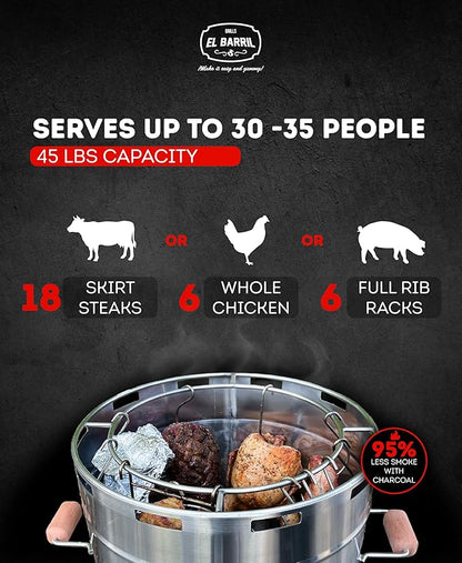EL BARRIL 45LBS Lite Large Barrel Smoker Grill – Juicy, Even BBQ Every Time, 430 Stainless Steel, Vertical Charcoal Barrel Grill and Rust-Resistant Design, Perfect for Family, Parties & Outdoor