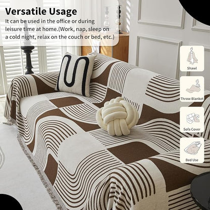WEYOND Boho Couch Cover, Chenille Sofa Covers Washable, 71" x 150", Coffee | Couch Covers for 3 Cushion Couch Sofa Pet Friendly, Bohemian Sofa Slipcovers for Sectional Sofa, Loveseat, 2 3 4 Seater