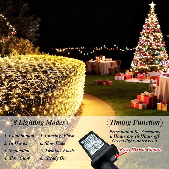 Lovelite 360 LED Net Lights, 21ft x 5ft Christmas Mesh Lights Clear Wire 8 Modes, Waterproof Connectable String Light Plug in for Xmas Tree Bushes Garden Outdoor Party Decorations - Warm White