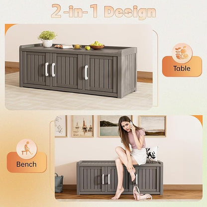 Bifanuo Shoe Storage Cabinet, 3 Door Outdoor Storage Bench with Adjustable Shelves, Waterproof UV-Resistant for Hallway, Living Room, Entryway, Large Capacity Modern Organizer (Grey)