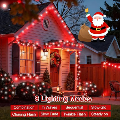 QITONG 2 Pack Red and White Solar String Lights, Each 66ft 200 LED Solar Christmas Lights Outdoor Waterproof, 8 Modes Solar Twinkle Light for Outside