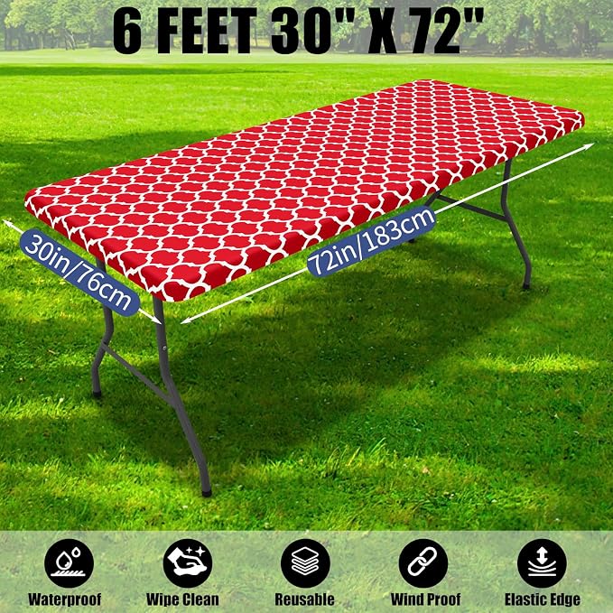 Smiry 2 Pack Rectangle Table Cloth 6 Foot, Waterproof Elastic Fitted Tablecloths, Windproof Washable Polyester Table Cover for Picnic, Camping, Outdoor (Red, 30"x72")