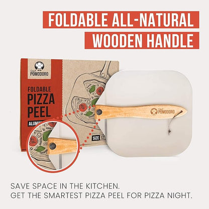 Chef Pomodoro Pizza Peel and Cutter Set, Foldable Handle, 12x14 in | Commercial-grade Aluminum, Foldable Wood Handle; Pizza Spatula/Paddle for Bread & Pastries; Compact for Storage
