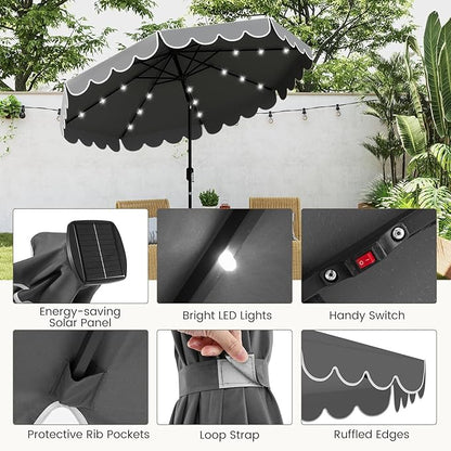 Tangkula 9 FT Solar Patio Umbrella, 2-Tiers Scalloped Outdoor Table Market Umbrella with 32 LED Lights, Vented Top, Tilt Adjustment, Crank, 8 Ribs for Backyard Poolside Deck Beach Lawn (Gray)