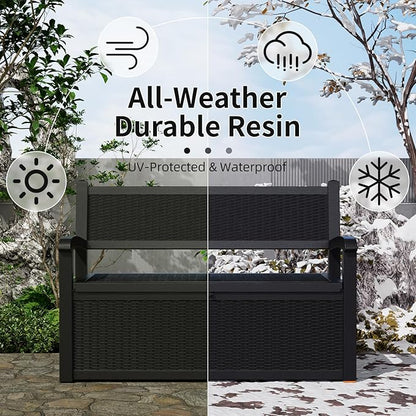 PatioZen 80 Gallon Outdoor Storage Bench Deck Box Waterproof Lockable,Outdoor Storage Furniture for Patio,Garden and Porch,Tools and Cushions（Black）