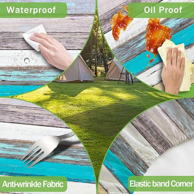 JAWO Rustic Farmhouse Country Wood Picnic Table Cover with Bench Covers, Camper RV Essentials Gear Supplies Outdoor Waterproof Windproof Tablecloth with Elastic, 30X72in