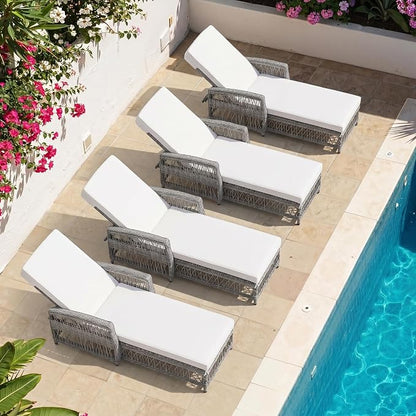 Merax Outdoor Rattan Chaise Lounge Set of 4, All-Weather Patio Recliners with 4-Position Adjustable Backrests, Armrests, and Removable Cushions for Poolside & Garden, Beige