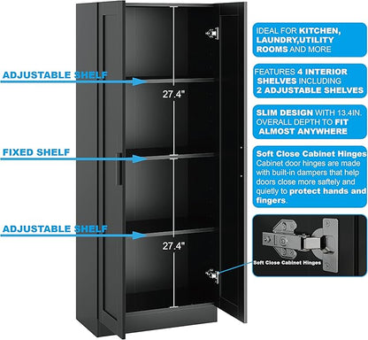 Panana Wooden Storage Cabinet, Narrow Pantry Cabinets Free Standing Tall Storage Cabinet with 2 Doors and Shelves (Black)
