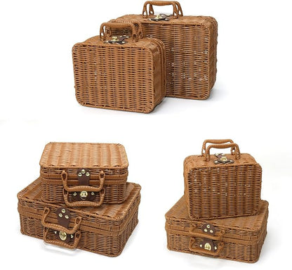2pcs Mini Wicker Picnic Basket, Decorative Prop Suitcase Vintage Storage Hamper Makeup Organizer, Metal Lock Rattan Storage Box with Handles for Sundries Travel Camping and Outdoor Party (Brown, L+S)