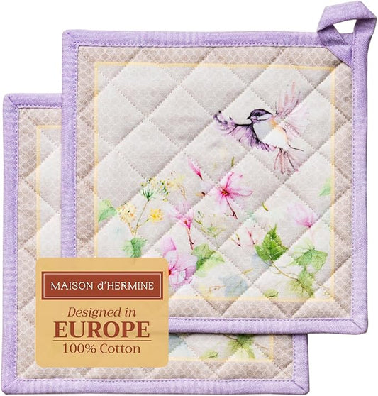 Maison d' Hermine Pot Holders 100% Cotton Heat Resistant Potholders 8" x 8" Hot Pads with Loop Cooking Baking Hotel Farmhouse Kitchen Handling Hot Pans Spring Summer (Pack of 2, Magnolia Mornings)