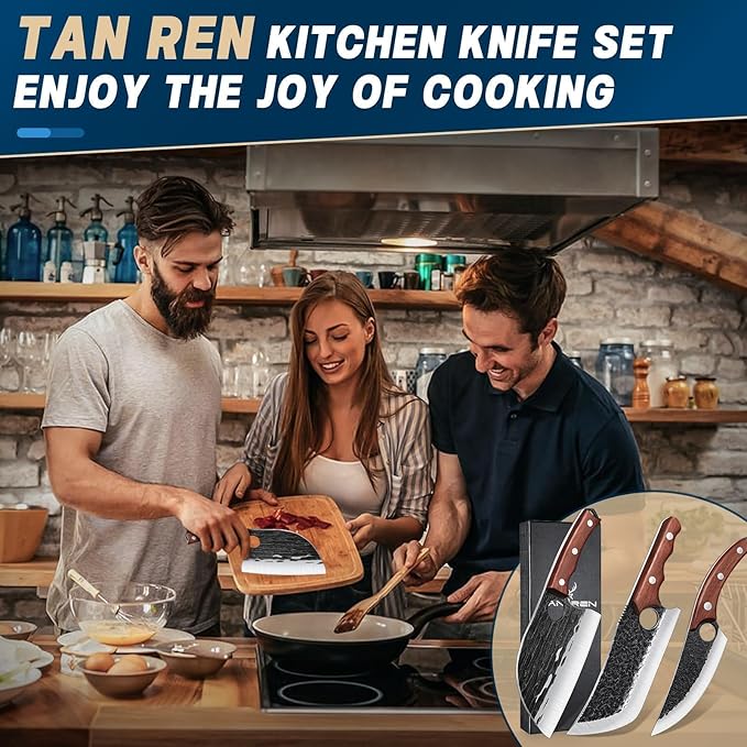 TAN REN 3PCS Butcher Knife Set for Meat Cutting, Hand Forged Meat Cleaver Knives with Wood Handle, Grilling Knife Set for Men