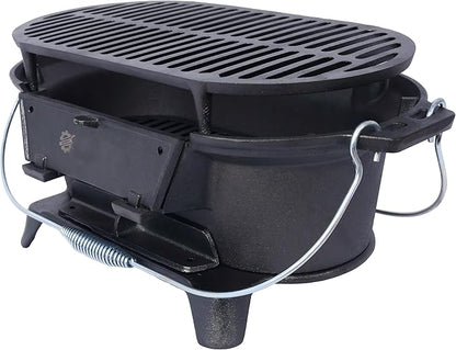 LuckyNote Oval Iron Grill Outdoor, Portable Charcoal Grill and Tabletop Cast Iron Skillet - 100% Cast Iron, Durable, Small Charcoal Grill, Camping Stove, Hibachi Grill