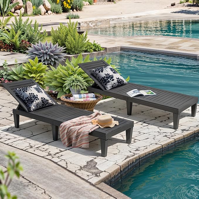 Outdoor Chaise Lounge Chairs Set of 4, 5-Position Adjustable Heavy Duty Tanning Loungers with Wood Texture, All-Weather Resin Patio Recliners for Pool, Garden, Deck, Beach, Black