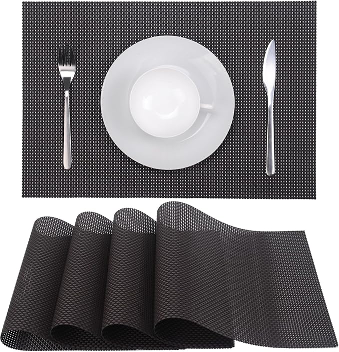 Zupro Placemats Set of 4 for Kitchen Dining Table Washable Braided Table Mats Heat-Resistant Placemats Non-Slip Woven PVC Vinyl Place Mats for Everyday use or Dinner BBQs 18"x12"(Black Coffee