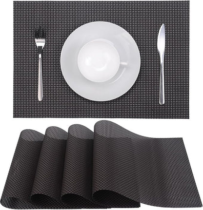 Zupro Placemats Set of 4 for Kitchen Dining Table Washable Braided Table Mats Heat-Resistant Placemats Non-Slip Woven PVC Vinyl Place Mats for Everyday use or Dinner BBQs 18"x12"(Black Coffee