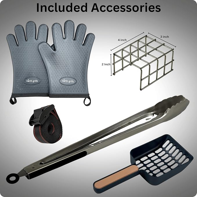 Charcoal Kabob Grill with Spin Grill Attachment by 𝗡𝗼𝗿𝘁𝗵 𝗚𝗿𝗶𝗹𝗹𝘀: precise heat control, silicone-handle square & flat skewers, charcoal starter tool, tongs, BBQ gloves, and storage & travel