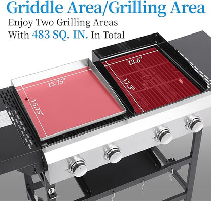 2-in-1 Propane Gas Grill and Griddle Combo– 40,000 BTU Gas Grill with Cast Iron Grates and Stainless Steel Griddle, Outdoor BBQ Station with Grease Trays, Foldable Tables for Camping and Backyard