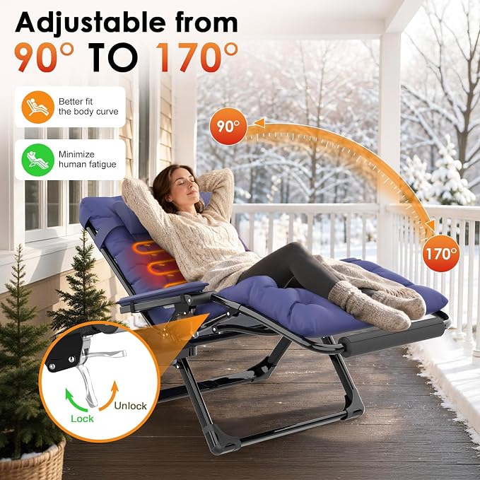 Slendor Heated Oversized Zero Gravity Chairs 33In, XXL Lounge Chair, Blue | Anti Gravity Recliner with 3 Heat Levels for Back & Seat, Headrest & Cup Holder, Folding, Supports 500lbs, (Battery Not)