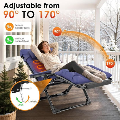 Slendor Heated Oversized Zero Gravity Chairs 33In, XXL Lounge Chair, Blue | Anti Gravity Recliner with 3 Heat Levels for Back & Seat, Headrest & Cup Holder, Folding, Supports 500lbs, (Battery Not)