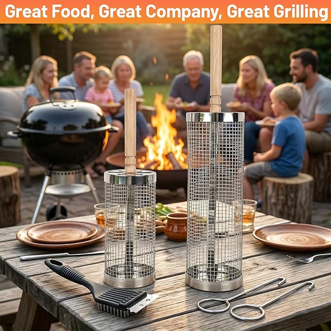 Rolling Grill Basket 2-Pack, Upgraded Rotating BBQ Basket for Outdoor Grill, Larger Capacity 304 Stainless Steel, Easy Clean with Cleaning Brush, Quick Grilling for Veggies, BBQ Accessories