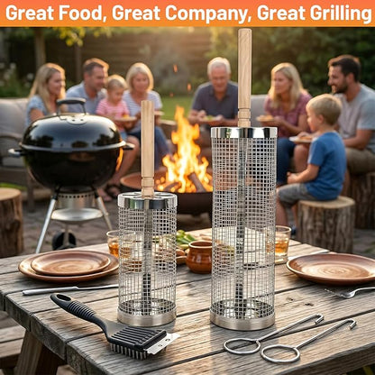 Rolling Grill Basket 2-Pack, Upgraded Rotating BBQ Basket for Outdoor Grill, Larger Capacity 304 Stainless Steel, Easy Clean with Cleaning Brush, Quick Grilling for Veggies, BBQ Accessories