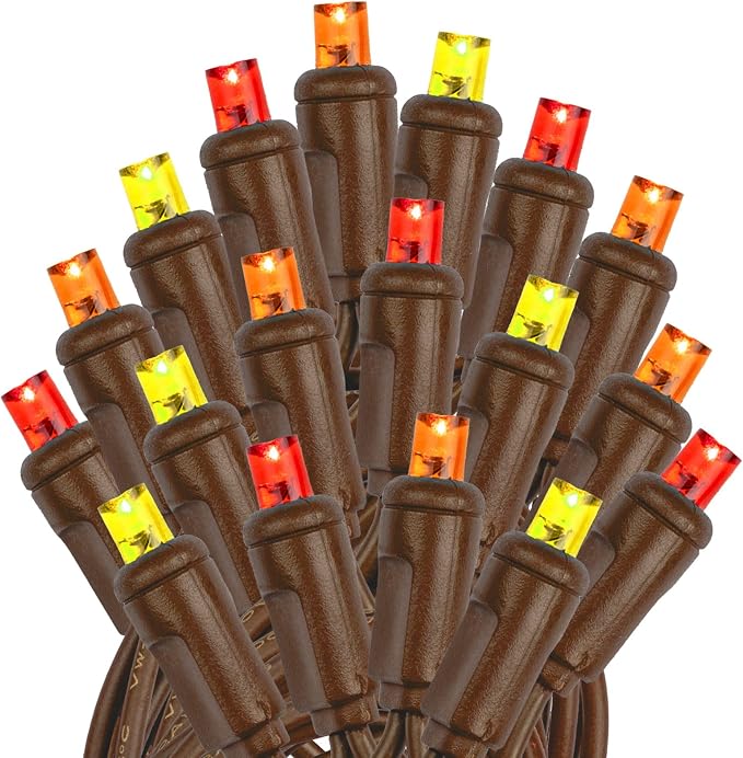 Novelty Lights 50ft 100 LED Yellow, Red, Orange Christmas String Lights | 6 Inch Spacing on Brown Wire, UL Listed IP55 Commercial Grade Xmas Lights, Outdoor & Indoor, Dimmable, Connectable & Patio