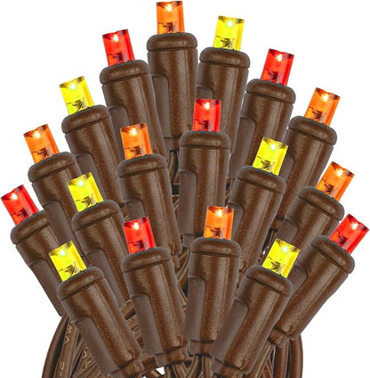 Novelty Lights 50ft 100 LED Yellow, Red, Orange Christmas String Lights | 6 Inch Spacing on Brown Wire, UL Listed IP55 Commercial Grade Xmas Lights, Outdoor & Indoor, Dimmable, Connectable & Patio