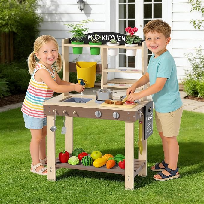 BIERUM Wooden Mud Kitchen for Kids Outdoor with Real Sink & Faucet, Green | with Real Sink, Faucet, Oven and Stove, for Water, Cooking & Planting, Perfect Outdoor Gift for Toddlers Boys Girls Ages 3+