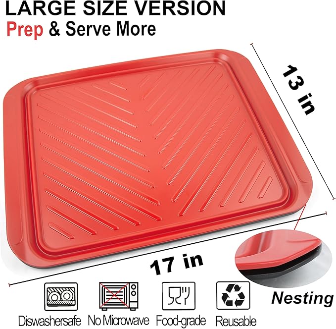 ECOIOU Large Grilling Prep and Serve Trays, 17.3" x 13" BBQ Platters for Raw and Cooked Food, Melamine Serving Trays for Food, Set of 2, Black and Red