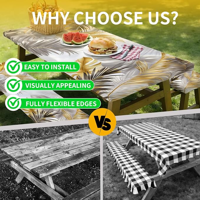 Picnic Table Cover with Bench Covers, 72 X 30 Inch Elastic Fitted Camping Tablecloth with Strap Design for 6FT Rectangle Tables, Windproof Outdoor Tablecloth Set with Storage Bag