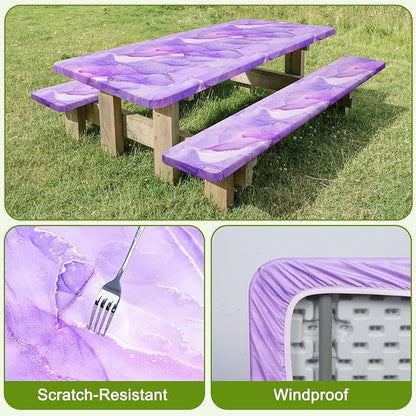 Picnic Table Cover with Bench Covers Windproof Waterproof Picnic Table Covers Camping Tablecloth with Self-Storage Bag, 72in, Light Purple