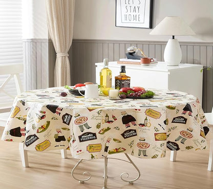 Newbridge 60 x 84 Inch Oval Vinyl Tablecloth with Flannel Backing, Italian Bistro Chef, Novelty Chef Indoor Outdoor Waterproof Table Cover for Picnic, Barbecue, Patio and Kitchen Dining, Ivory