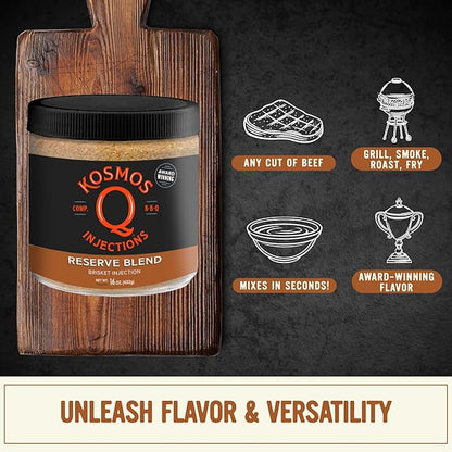 Kosmos Q Reserve Blend Brisket Injection, Premium Beef BBQ Marinade for Tender & Juicy Brisket, Phosphate-Enhanced for Moisture Retention, Competition-Grade Seasoning, Gluten Free, 16 Oz Jar