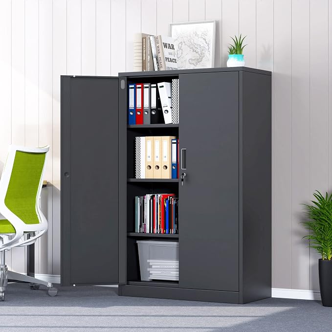Metal Storage Cabinet with Locking Doors and 3 Adjustable Shelves, 53.5-Inch Lockable Storage Cabinets for Home Office Garage Kitchen Pantry (Black)