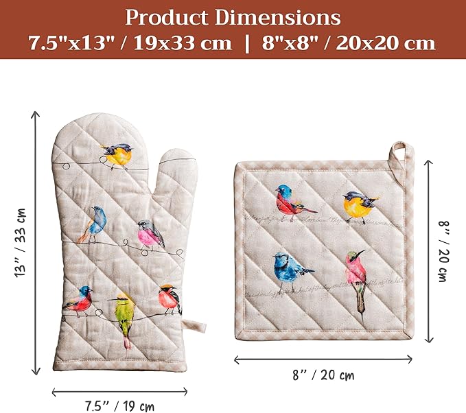 Maison d' Hermine 100% Cotton Oven Mitt & Pot Holder Set (7.5"x13" & 8"x8") Heat Resistant BBQ Cooking Gloves with Loop Baking Grilling Kitchen Hotel Home Farmhouse Spring Summer (Birdies on Wire)