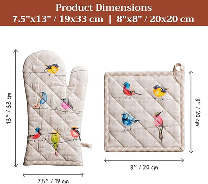 Maison d' Hermine 100% Cotton Oven Mitt & Pot Holder Set (7.5"x13" & 8"x8") Heat Resistant BBQ Cooking Gloves with Loop Baking Grilling Kitchen Hotel Home Farmhouse Spring Summer (Birdies on Wire)