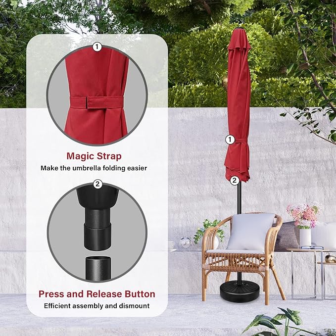 YSSOA 9' Patio Umbrella with 50lbs 20" Capacity Fillable Heavy Duty Round Base, 8 Sturdy Ribs, for Outdoor Lawn, Deck, Poolside, Red and Black