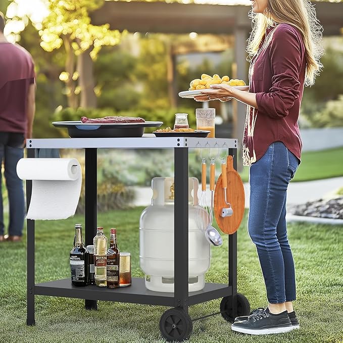 32x20IN Double-Shelves Grill Table, Outdoor Grill Cart for Blackstone Griddle, Movable Pizza Oven Table Cart for Outside Patio, Kitchen Cooking Food Prep Table for Party